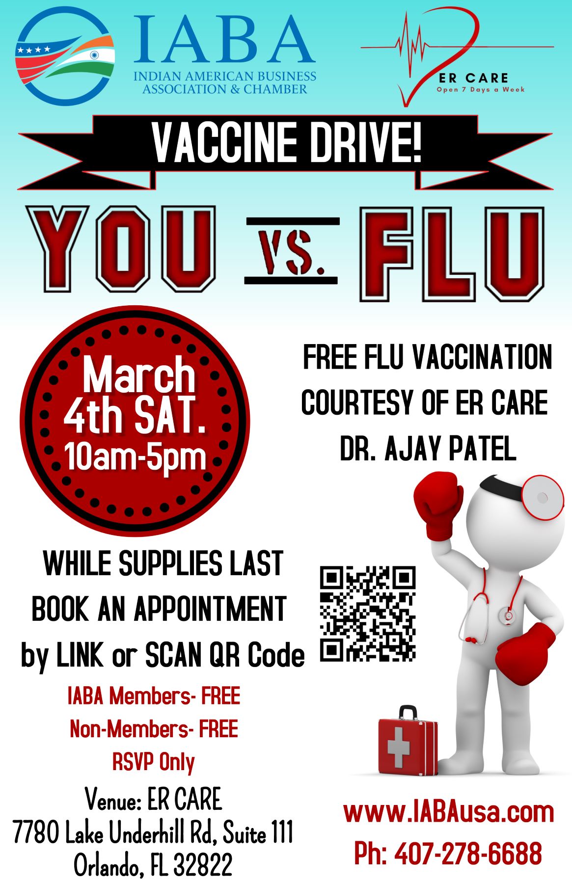IABA- ER CARE FLU Vaccine Drive March 4th Saturday- 10am to 5pm