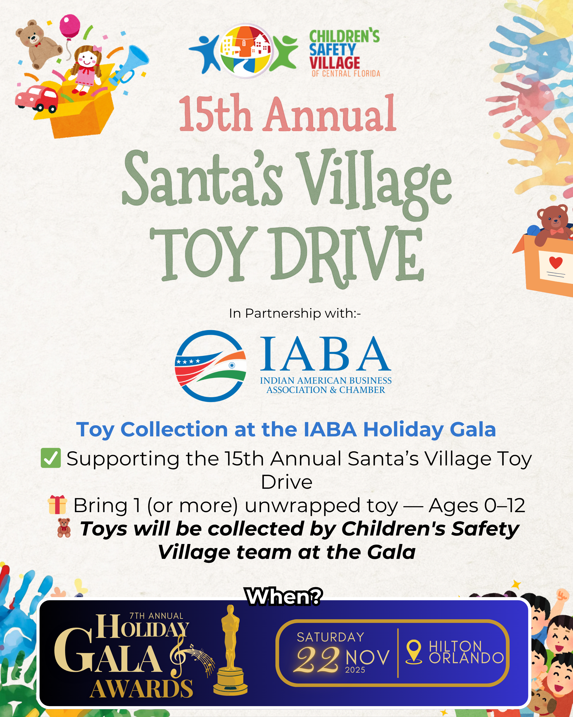 IABA × Children’s Safety Village 15th Annual Santa’s Village Toy Drive December 10, 2025 | 910 Fairvilla Rd, Orlando, FL 32808
