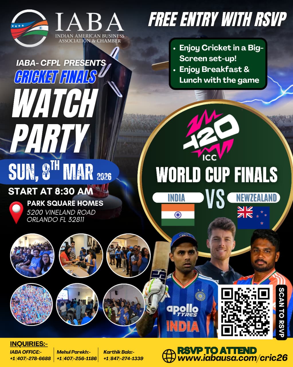 IABA (CFPL)- Cricket Finals Watch Party - India vs New Zealand: ICC Men's T20 Cricket World Cup 2026 - Sun, 8th March